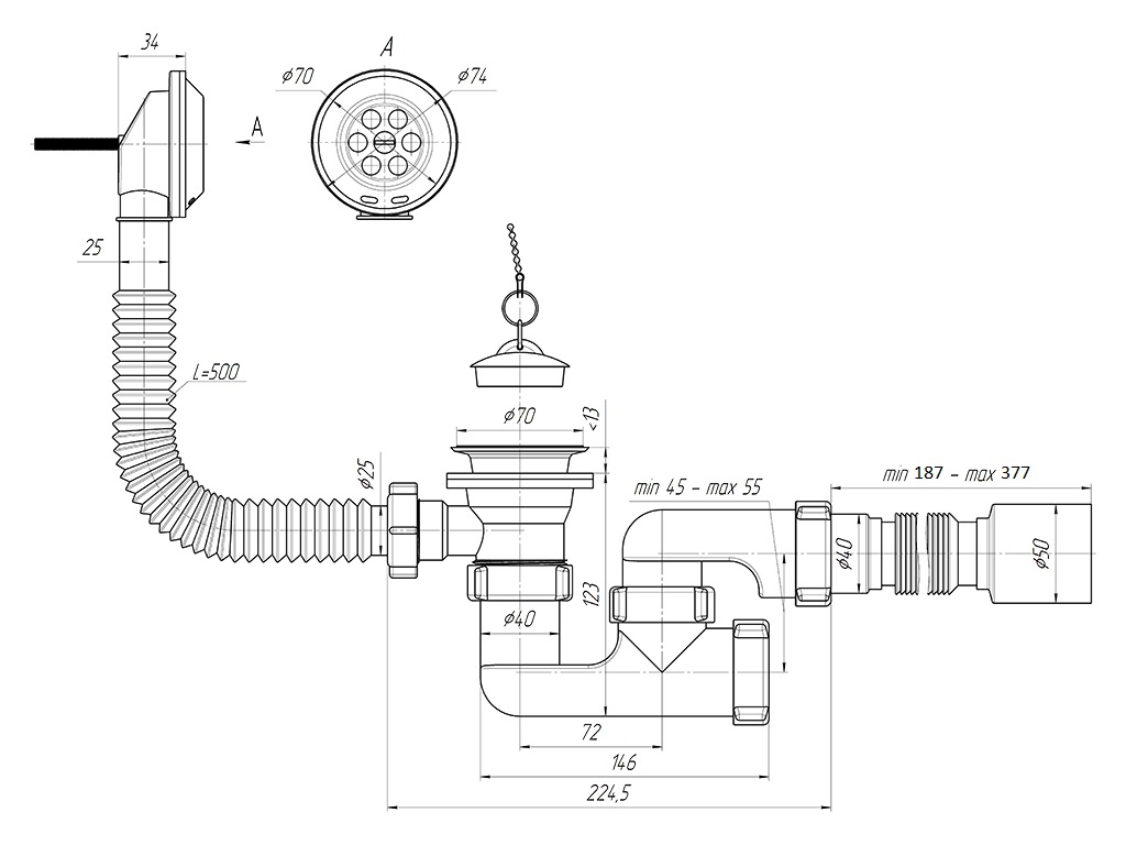 Обвязка д/ванны АНИ Е255 рег сифон гофра 187-377мм 50