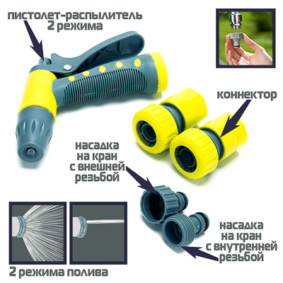 картинка Набор д/полива (2 коннектора 3/4" штуцер пистолет распылитель) INBLOOM(-/-/30 шт)