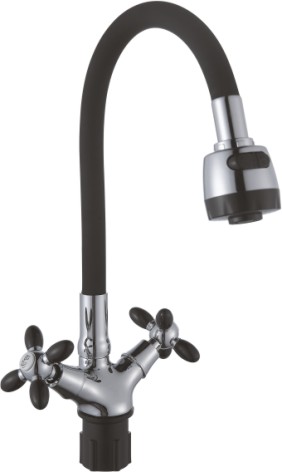 Смеситель кухня кер Эверест B57-071F гибкий излив лейка крест хром/черный