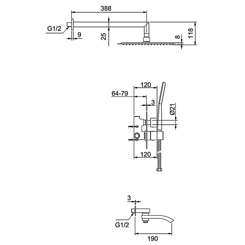 Душевая система шар Gappo G7107-40 лат встр. хром. тропический душ