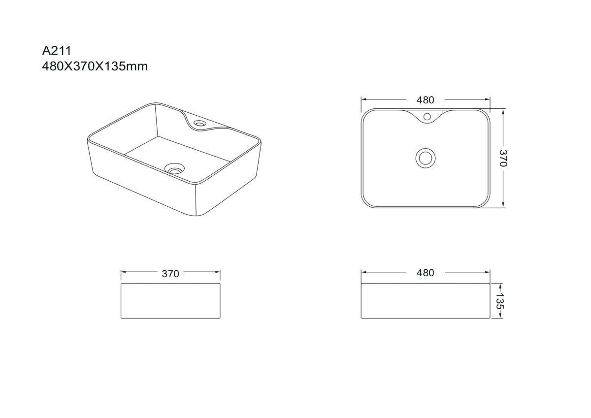 Умывальник накладной A211 прямоугольный без перелива 480х370х135мм