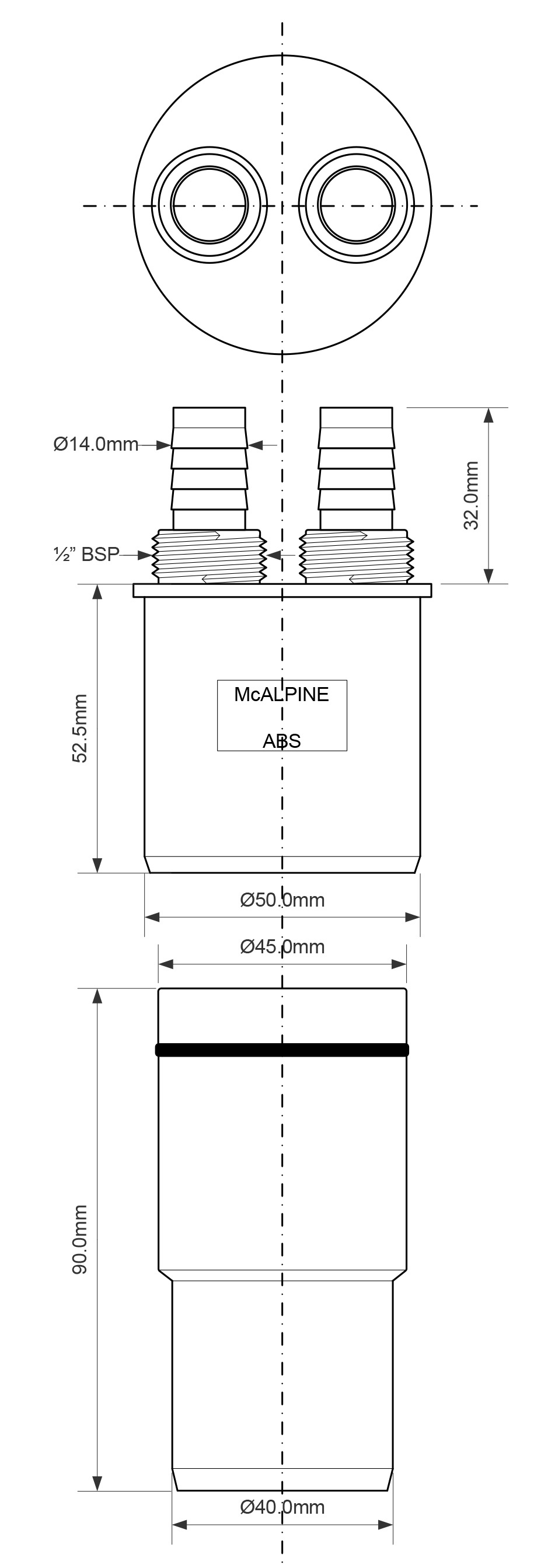 картинка Адаптер д/подкл слива быт/техн с 2-мя прямыми отводами  McAlpine WFH-CON4050(-/-/- шт)