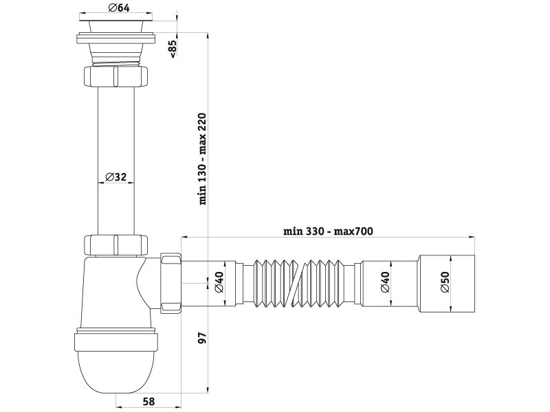Сифон  1 1/4" АНИ С1015 гофра 320-710мм 40/50