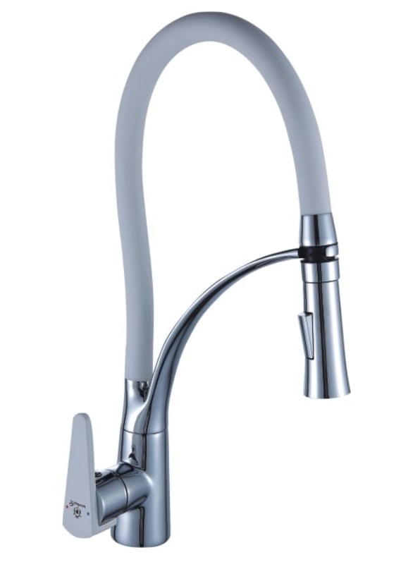 Смеситель кухня шар Diadonna D87-437105W бок руч гибкий излив 35мм белый/хром